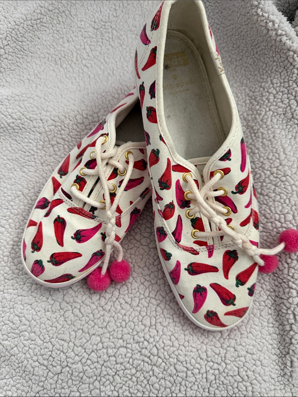 Canvas Chili-Print Sneakers with Pink Pom-Pom Accents